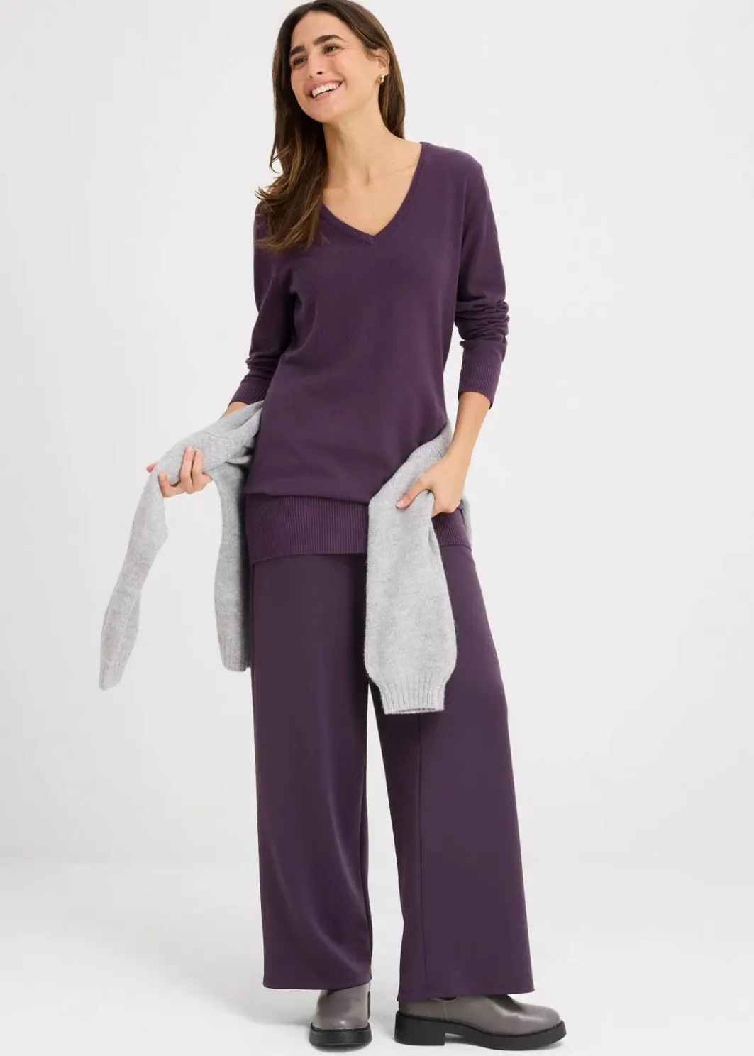 Discount Basic Longpullover mit V-Ausschnitt Damen Strickmode|Pullover & Strickjacken