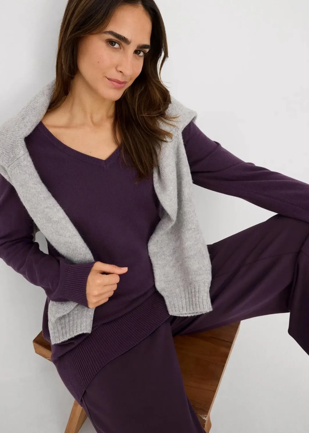 Discount Basic Longpullover mit V-Ausschnitt Damen Strickmode|Pullover & Strickjacken