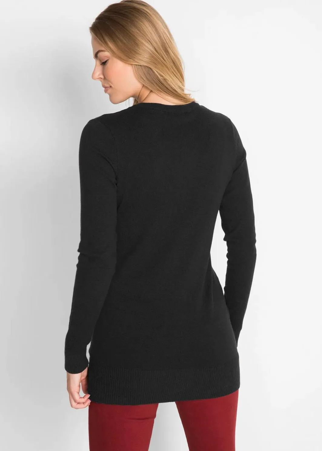 Online Basic Longpullover mit V-Ausschnitt Damen Strickmode|Pullover & Strickjacken