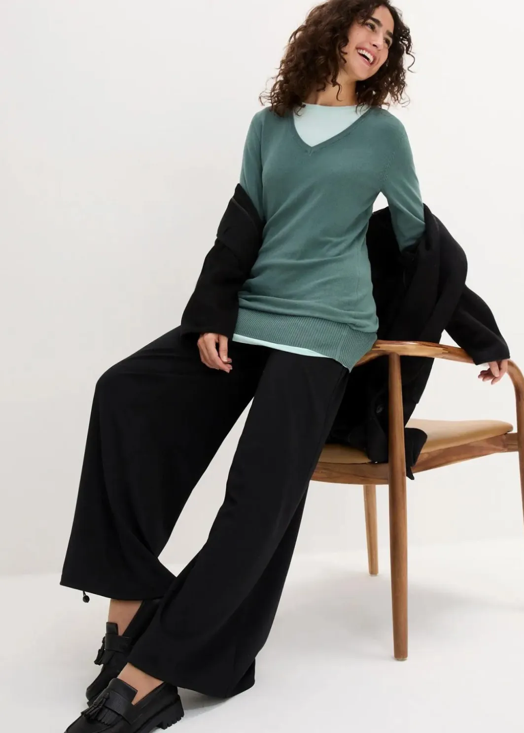 Best Basic Longpullover mit V-Ausschnitt Damen Strickmode|Pullover & Strickjacken