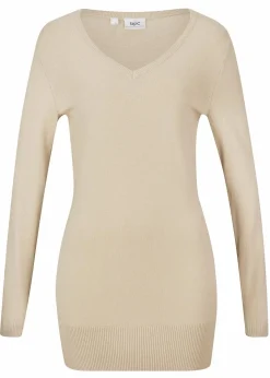 Damen bonprix Strickmode|Pullover & Strickjacken|Basic Longpullover mit V-Ausschnitt