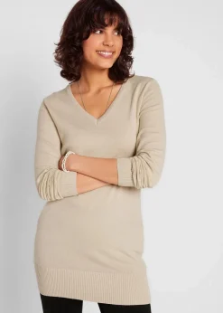 Damen bonprix Strickmode|Pullover & Strickjacken|Basic Longpullover mit V-Ausschnitt