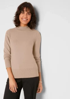 Damen bonprix Pullover & Strickjacken|Basics|Basic Pullover mit Stehkragen mit recycelter Baumwolle