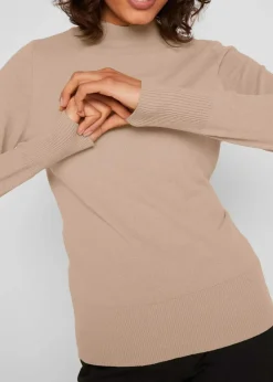 Damen bonprix Pullover & Strickjacken|Basics|Basic Pullover mit Stehkragen mit recycelter Baumwolle
