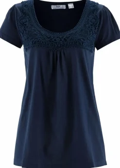 Damen bonprix Nachhaltigere Materialien|Shirts & Tops|Baumwoll Shirt mit Spitze, Kurzarm
