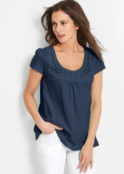 Damen bonprix Nachhaltigere Materialien|Shirts & Tops|Baumwoll Shirt mit Spitze, Kurzarm