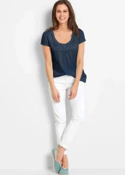 Damen bonprix Nachhaltigere Materialien|Shirts & Tops|Baumwoll Shirt mit Spitze, Kurzarm