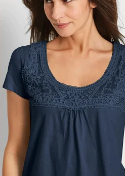 Damen bonprix Nachhaltigere Materialien|Shirts & Tops|Baumwoll Shirt mit Spitze, Kurzarm