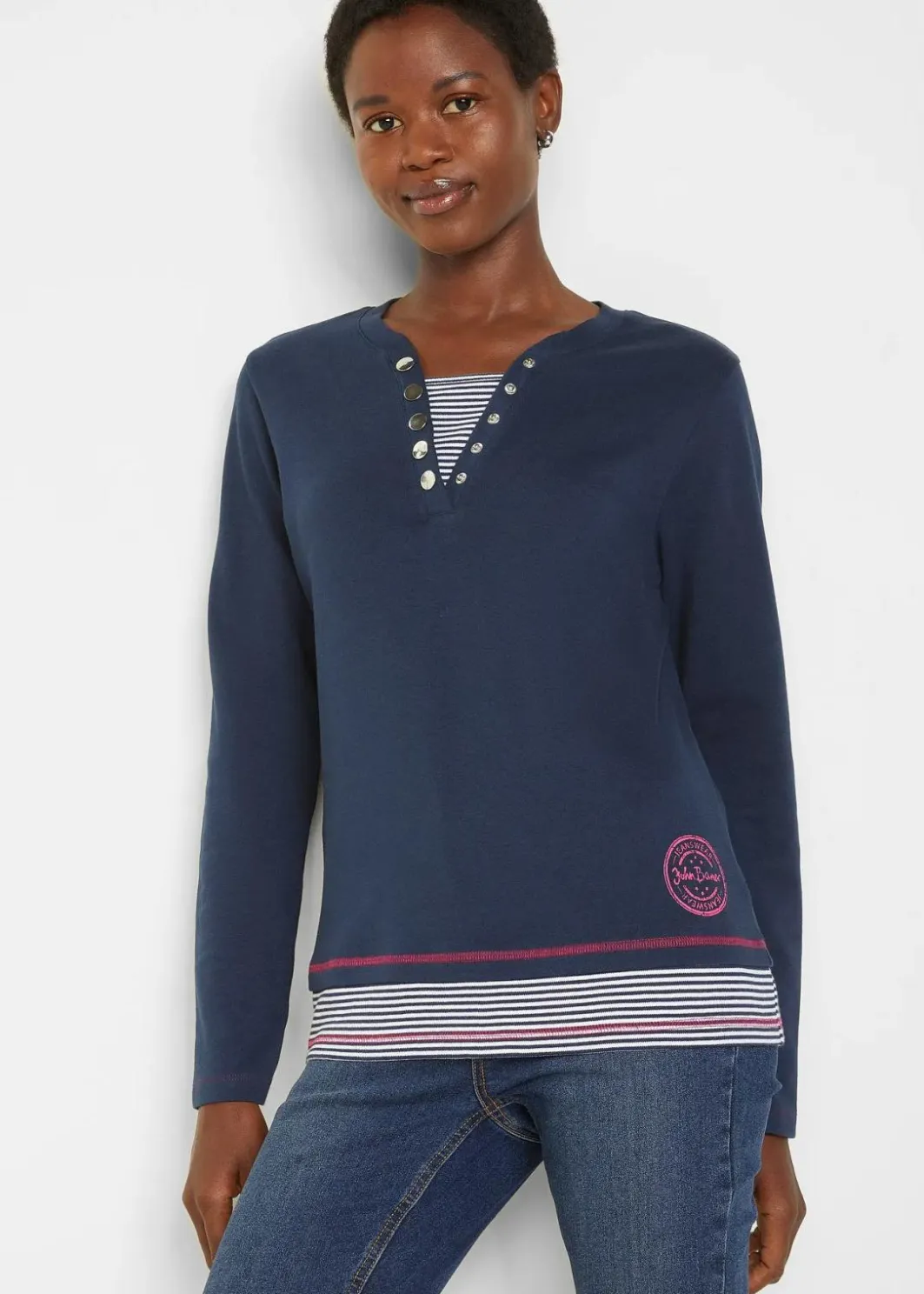 Online Baumwoll-Langarmshirt, 2 in 1-Optik Damen Nachhaltigere Materialien|Shirts & Tops