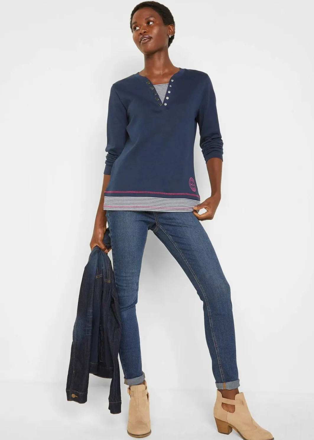 Online Baumwoll-Langarmshirt, 2 in 1-Optik Damen Nachhaltigere Materialien|Shirts & Tops