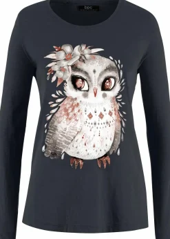 Damen bonprix Shirts & Tops|Baumwoll-Langarmshirt mit Eulendruck