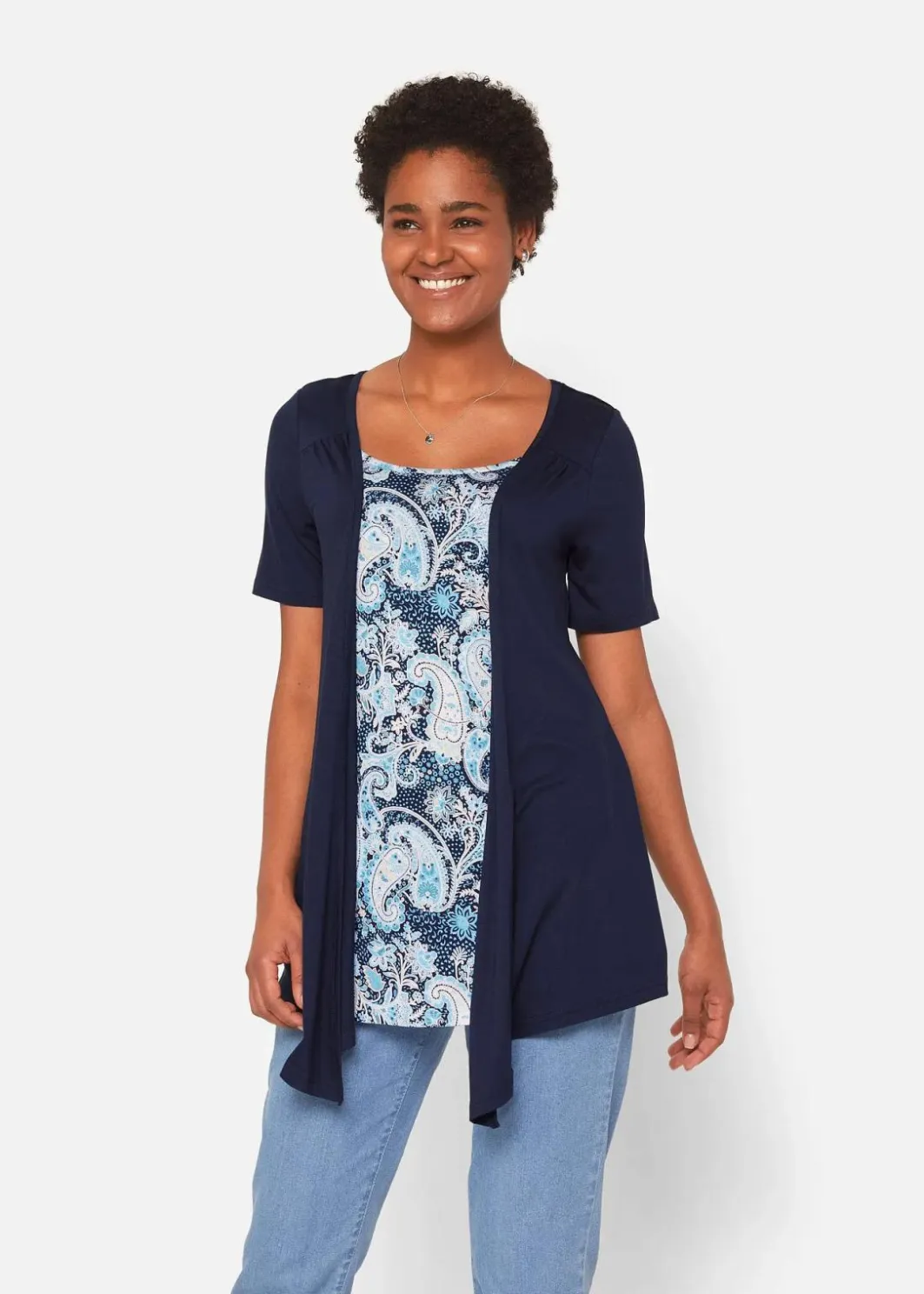 Damen bonprix Shirts & Tops|Nachhaltigere Materialien|Bedrucktes 2in1 Shirt mit Rundhals