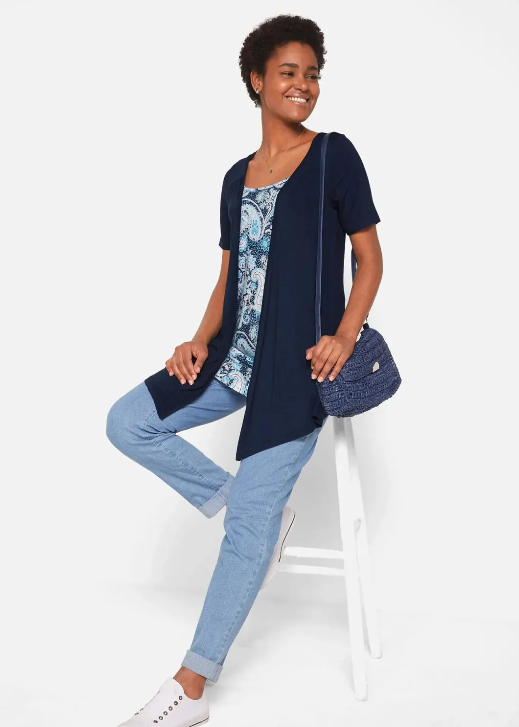Damen bonprix Shirts & Tops|Nachhaltigere Materialien|Bedrucktes 2in1 Shirt mit Rundhals