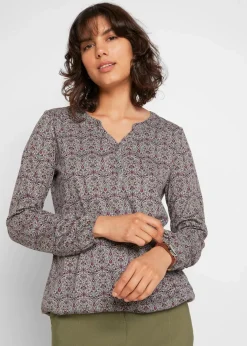 Bedrucktes Langarmshirt mit Henley-Kragen Damen Shirts & Tops