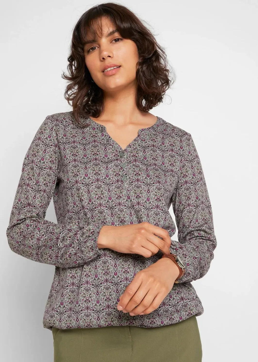 Bedrucktes Langarmshirt mit Henley-Kragen Damen Shirts & Tops