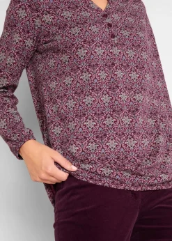 Discount Bedrucktes Langarmshirt mit Henley-Kragen Damen Shirts & Tops