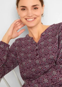 Discount Bedrucktes Langarmshirt mit Henley-Kragen Damen Shirts & Tops