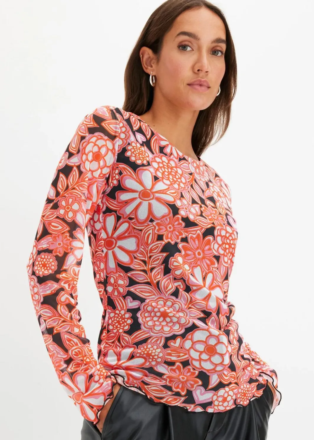 Damen bonprix Shirts & Tops|bedrucktes Mesh-Langarmshirt