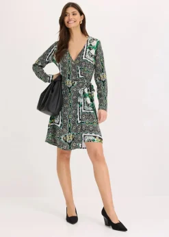 Damen bonprix Bekleidung·Pullover & Strickjacken|Kleider|bedrucktes Satin-Wickelkleid