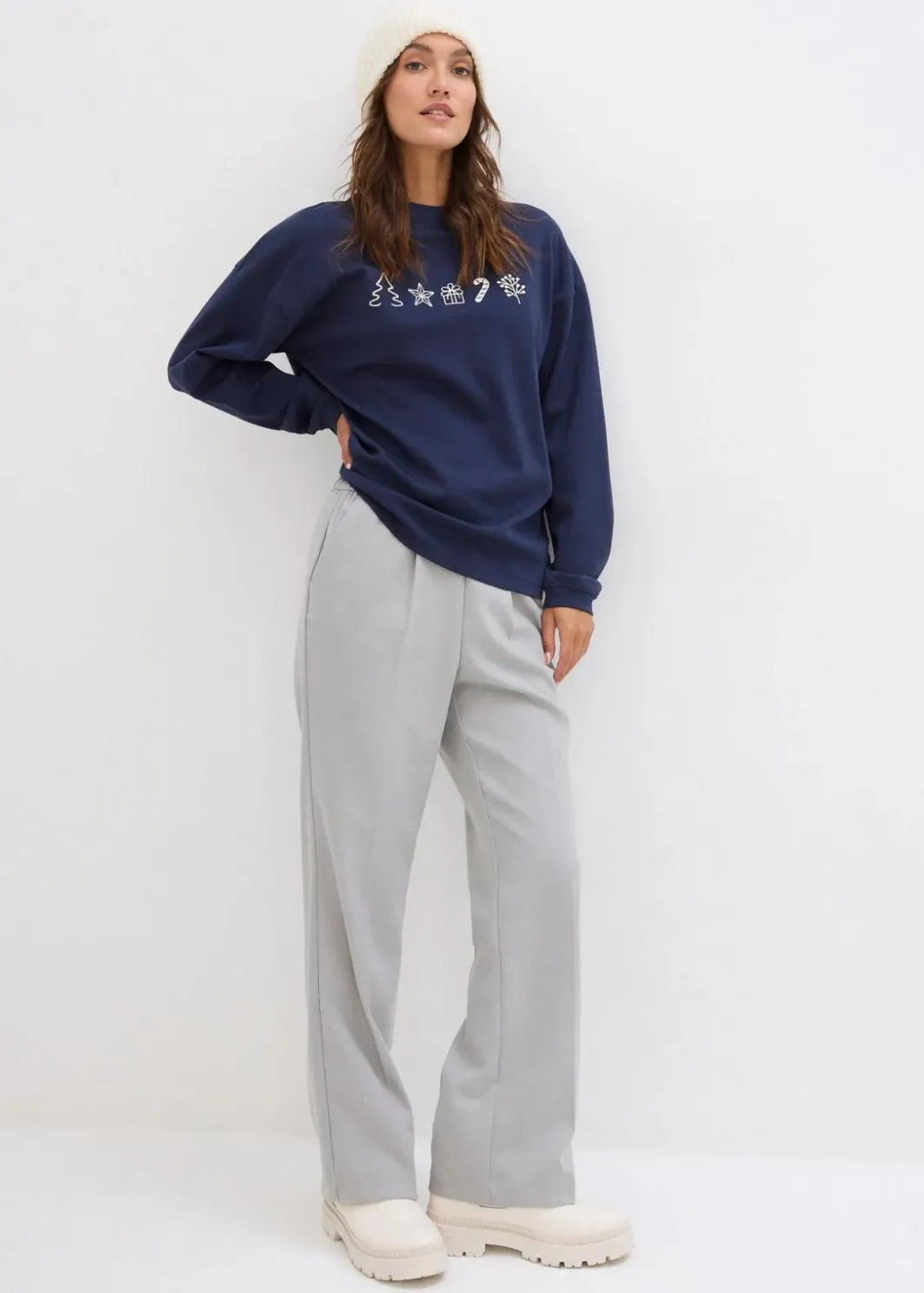 Damen bonprix Shirts & Tops|Besticktes Weihnachts-Langarmshirt, oversized