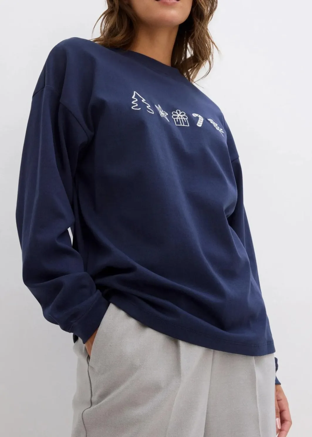 Damen bonprix Shirts & Tops|Besticktes Weihnachts-Langarmshirt, oversized