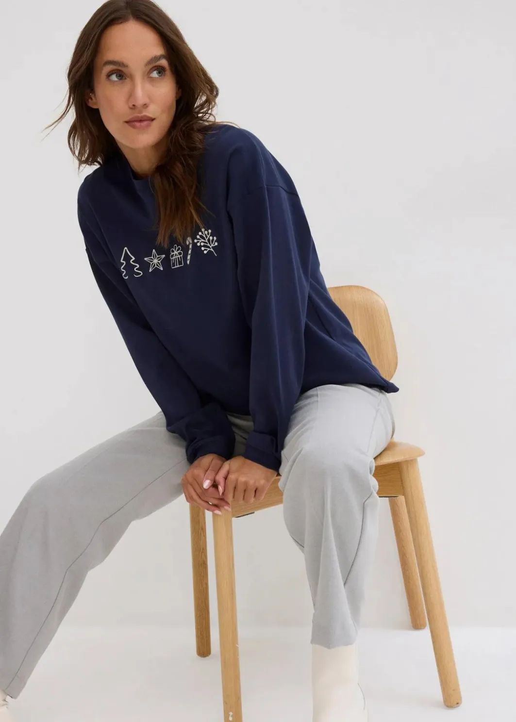 Damen bonprix Shirts & Tops|Besticktes Weihnachts-Langarmshirt, oversized