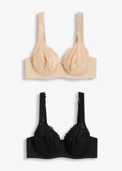 Damen bonprix Wäsche·Dessous|Wäsche·Große Cups D-H|Bügel-BH mit zarter Spitze (2er Pack)