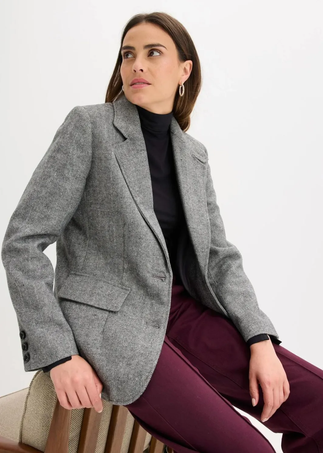 Outlet Blazer mit Fischgratmuster und Wollanteil Damen Blazer|Bekleidung·Basics