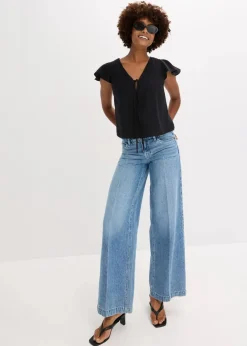 Damen bonprix Zweiteiler & Sets|Blusen & Tuniken|Bluse mit Volantärmeln in Glanzoptik