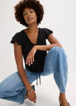 Damen bonprix Zweiteiler & Sets|Blusen & Tuniken|Bluse mit Volantärmeln in Glanzoptik