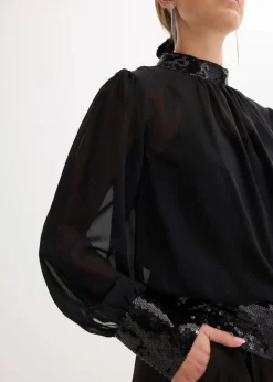 New Blusenshirt aus feinem Tüll mit Pailletten Damen Bekleidung·Jacken & Mäntel|Festliche Mode