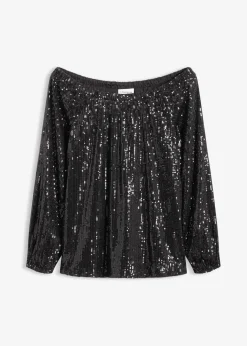 Damen bonprix Shirts & Tops|Carmenshirt, Oversized mit Pailletten
