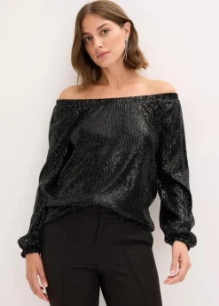 Damen bonprix Shirts & Tops|Carmenshirt, Oversized mit Pailletten