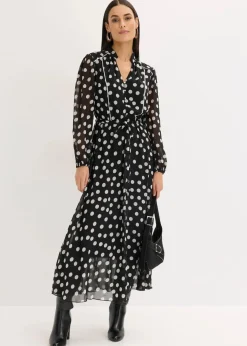 Online Chiffonkleid mit Kontrast-Pipings Damen Bekleidung·Pullover & Strickjacken|Kleider