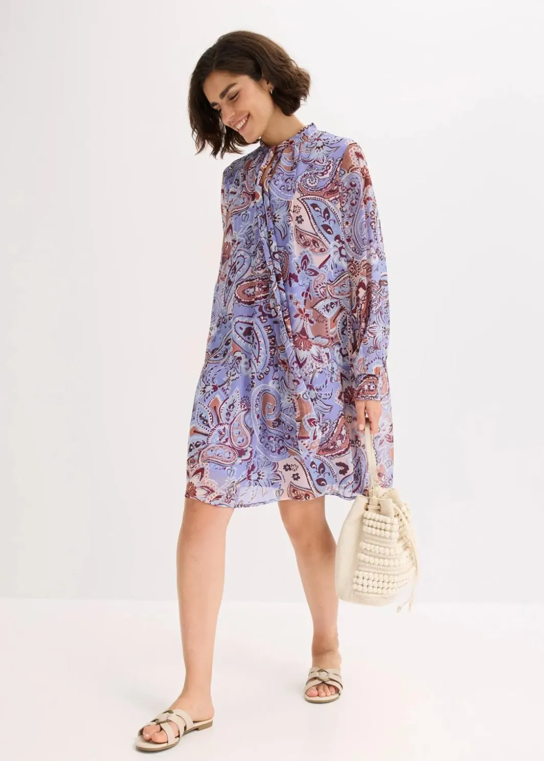 Damen bonprix Bekleidung·Pullover & Strickjacken|Nachhaltigere Materialien|Chiffon-Tunika-Kleid mit Schluppe