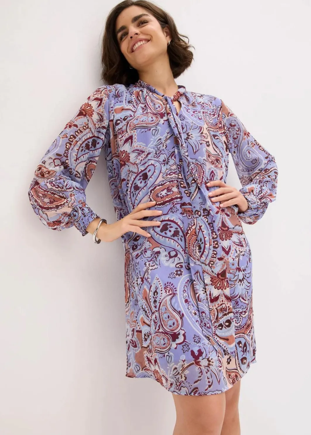 Damen bonprix Bekleidung·Pullover & Strickjacken|Nachhaltigere Materialien|Chiffon-Tunika-Kleid mit Schluppe