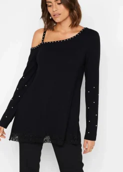 Damen bonprix Shirts & Tops|Cold-Shoulder-Shirt mit Spitze und Perlen
