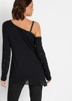 Damen bonprix Shirts & Tops|Cold-Shoulder-Shirt mit Spitze und Perlen