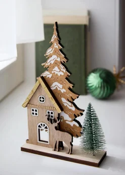 bonprix Wohnaccessoires|Weihnachtsdeko & -Textilien·Beleuchtung|Deko-Objekt Haus mit Tannenbäumen