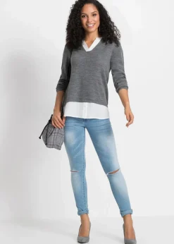 Damen bonprix Pullover & Strickjacken|Bekleidung·Jeans|Feinstrickpullover mit Bluseneinsatz