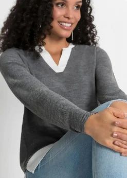 Damen bonprix Pullover & Strickjacken|Bekleidung·Jeans|Feinstrickpullover mit Bluseneinsatz