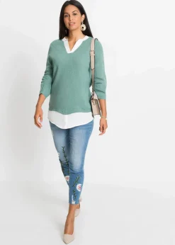 Damen bonprix Pullover & Strickjacken|Bekleidung·Jeans|Feinstrickpullover mit Bluseneinsatz