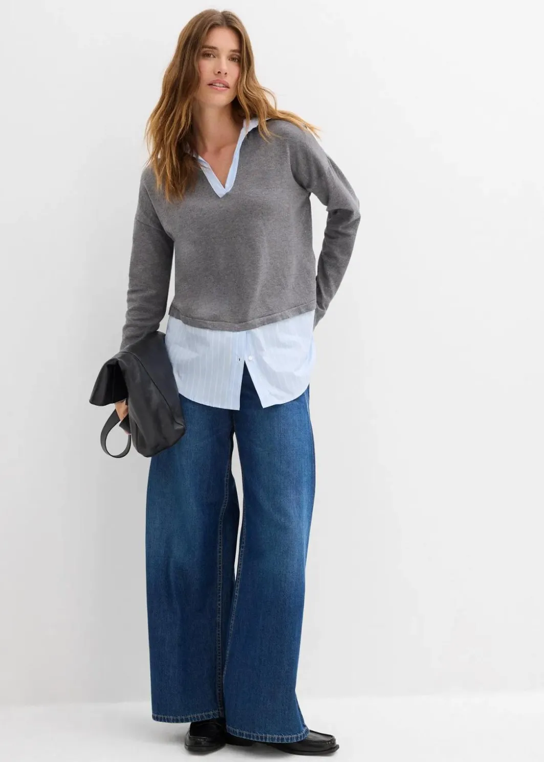 Damen bonprix Strickmode|Nachhaltigere Materialien|Feinstrickpullover mit Bluseneinsatz