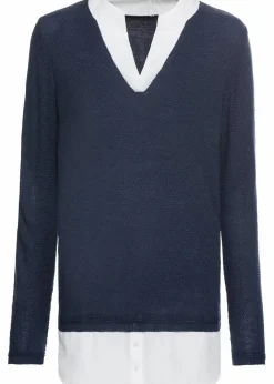 Damen bonprix Pullover & Strickjacken|Bekleidung·Jeans|Feinstrickpullover mit Bluseneinsatz