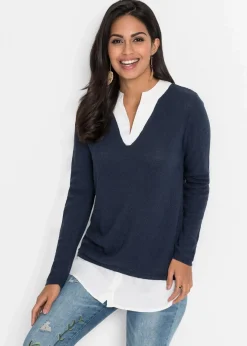 Damen bonprix Pullover & Strickjacken|Bekleidung·Jeans|Feinstrickpullover mit Bluseneinsatz