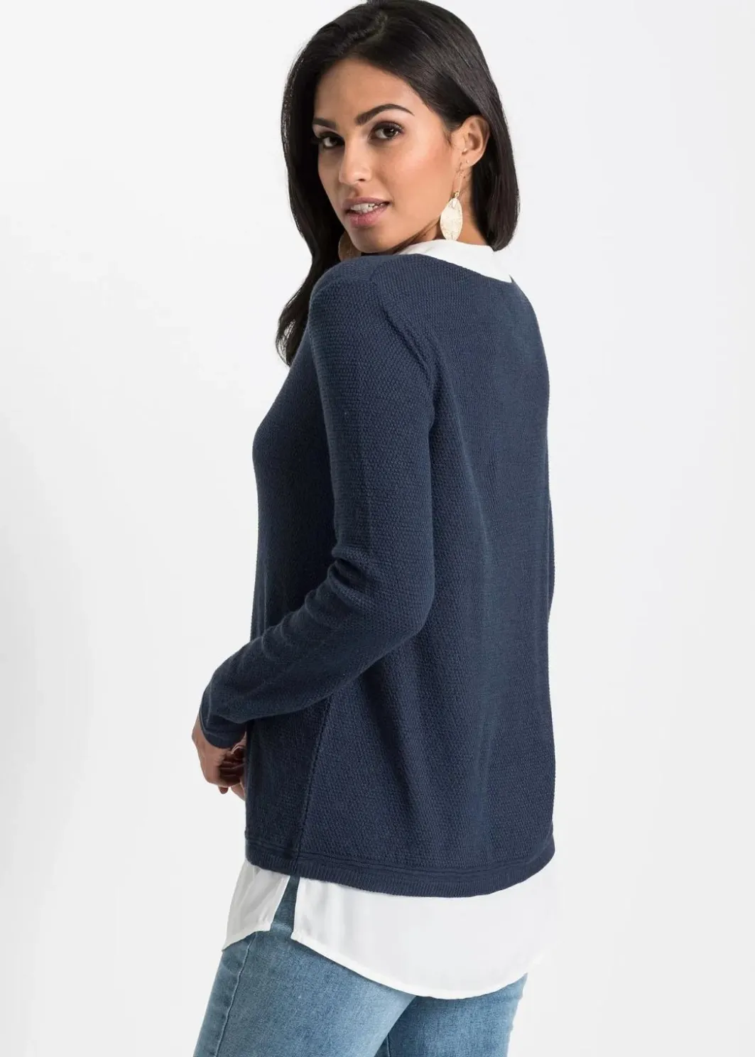 Damen bonprix Pullover & Strickjacken|Bekleidung·Jeans|Feinstrickpullover mit Bluseneinsatz