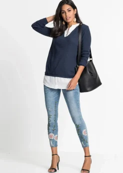 Damen bonprix Pullover & Strickjacken|Bekleidung·Jeans|Feinstrickpullover mit Bluseneinsatz