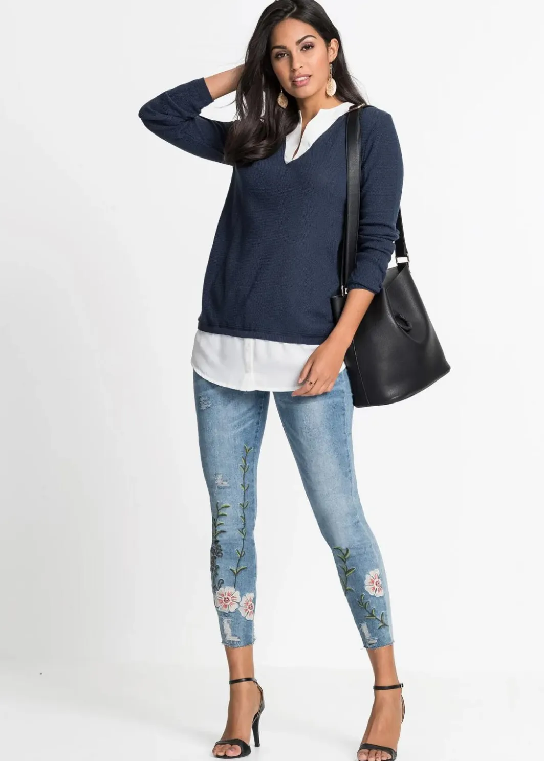 Damen bonprix Pullover & Strickjacken|Bekleidung·Jeans|Feinstrickpullover mit Bluseneinsatz