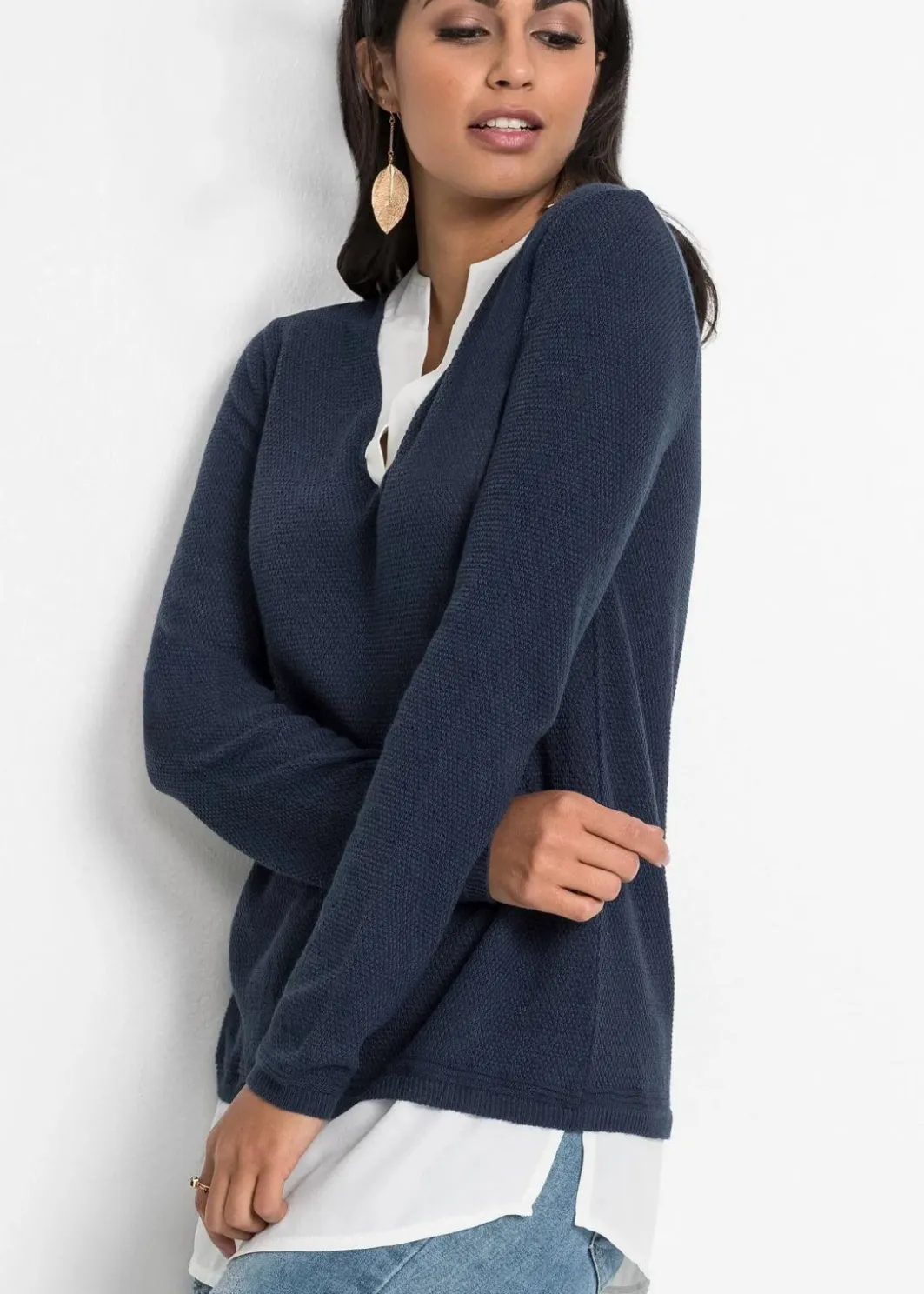 Damen bonprix Pullover & Strickjacken|Bekleidung·Jeans|Feinstrickpullover mit Bluseneinsatz