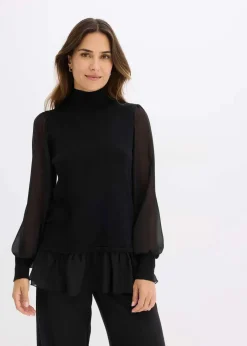 Damen bonprix Strickmode|Pullover & Strickjacken|Feinstrickpullover mit Blusen-Einsatz